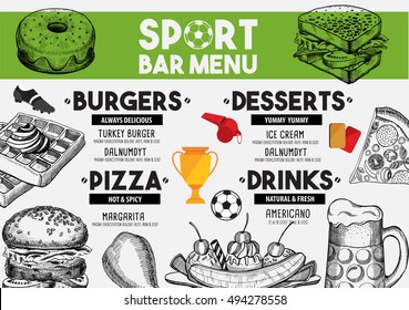 Sport bar menu placemat food restaurant brochure, template design. Vintage creative dinner flyer with hand-drawn graphic. 