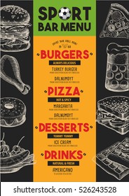 Sport bar menu placemat food restaurant brochure, template design. Vintage creative dinner flyer with hand-drawn graphic. 