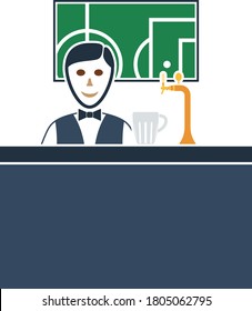 Sport Bar Stand With Barman Behind It And Football Translation On Tv Icon. Flat Color Design. Vector Illustration.