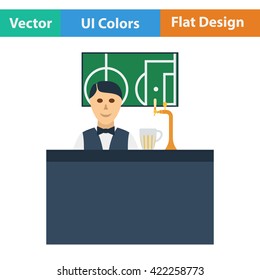 Sport bar stand with barman behind it and football translation on tv icon. Flat design in ui colors. Vector illustration.