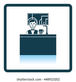Sport bar stand with barman behind it and football translation on tv icon. Shadow reflection design. Vector illustration.