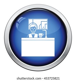 Sport bar stand with barman behind it and football translation on tv icon. Glossy button design. Vector illustration.