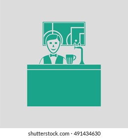 Sport bar stand with barman behind it and football translation on tv icon. Gray background with green. Vector illustration.