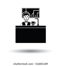 Sport bar stand with barman behind it and football translation on tv icon. White background with shadow design. Vector illustration.