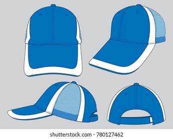 Sport Baseball Cap Blue-White With Mesh Side Design, Adjustable Hook And Loop Strap Vector