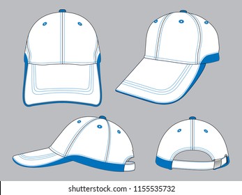 Sport Baseball Cap Design White-Blue And Contrast Stitching, Buckle Strap Vector.