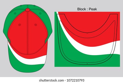 Sport baseball cap with red-white-green graphic lines pattern on brim cap design, vector file