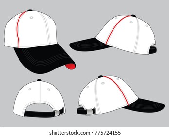 Sport baseball cap white-black and red piping design, adjustable metal buckle strap vector.
