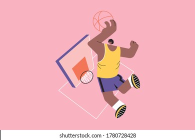 Sport, basketball, health, care concept. Young african american man boy guy athlete player character scoring slam dunk shoot with game ball into basket. Healthy active lifestyle or workout recreation.