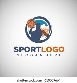 Sport Basketball Logo Template With Player Silhouette. Vector Illustration