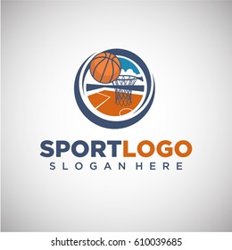 Sport Basketball Logo Template with player Silhouette and Basketball court Background. Vector Illustration