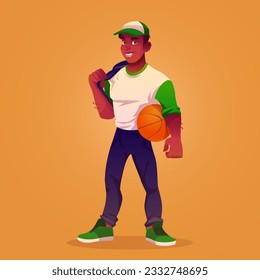 Sport basketball man player vector illustration. One handsome male black afro basket ball boy in uniform clipart. Young strong and sporty school professional sportsman standing and smile in cap icon.