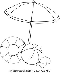 Sport beach composition. umbrella, cap, ball vector graphic line ink illustration isolated on white background. Banner, poster, wrapping paper, sticker, print, modern textile design.
