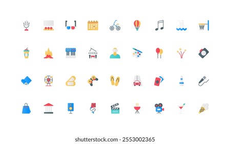 Sport and beach leisure, entertainment and video game, art hobby and music color icon set. Cinema and museum tickets, BBQ picnic and cocktail party, camp tourism flat elements vector illustration