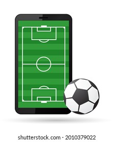 Sport bet icon. Smartphone with green socer football field and ball.
