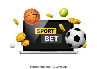 Sport bet money casino illustration laptop  Football basketball sport bet business game vector background