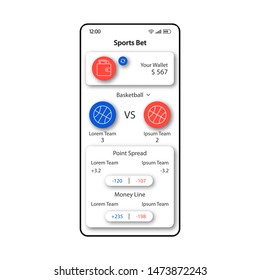 Sport bet smartphone interface vector template. Mobile app page white design layout. User wallet screen. Flat UI for application. Predicting basketball team winner phone display
