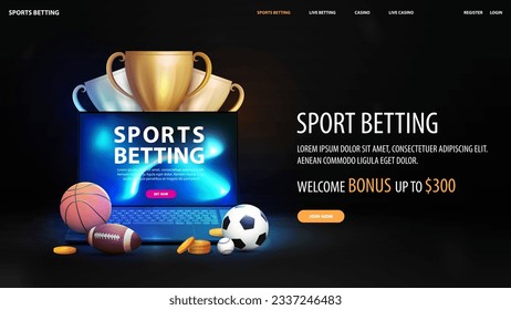 Sport betting, black and blue banner with offer, laptop, champion cups and sport balls on dark background