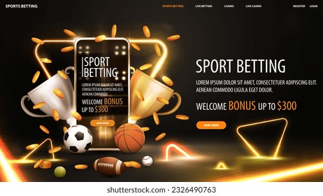 Sport betting, black and gold banner with smartphone with champion cups, sport balls and falling gold coins in black scene with neon triangle frame in scene with neon gold triangles around