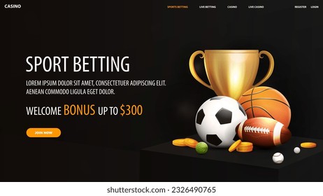 Sport betting  dark web banner and champion cup  gold coins   sport balls square black podium