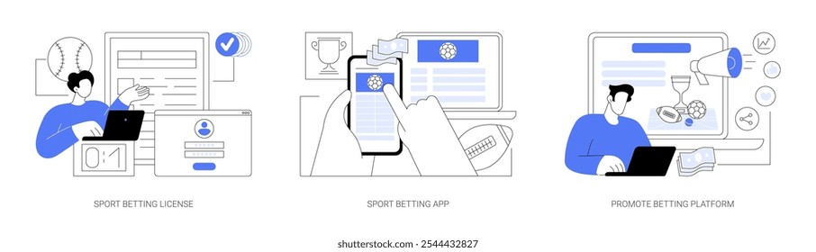 Esporte apostas isoladas desenhos animados vetor conjunto de ilustrações. Jovem homem obtendo licença, homem segurando smartphone e usando o aplicativo de apostas esportivas, promover a plataforma on-line, estratégia de negócios vetor cartoon.