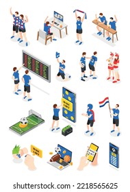 Sport betting isometric icons set with football fans isolated vector illustration