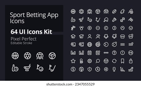 Sport betting online pixel perfect white linear ui icons kit for dark theme. Gambling sites. Isolated user interface symbols for night mode. Vector line pictograms. Editable stroke. Poppins font used