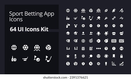Sport betting online white glyph ui icons kit for dark mode. Gambling sites. Silhouette symbols on black background. Solid pictograms for web, mobile. Vector isolated illustrations