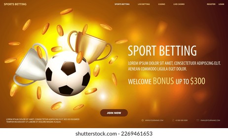 Sport betting, orange banner with offer, interface elements, soccer ball and champion cups