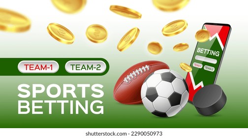 Sport betting poster. Gambling application, realistic soccer and rugby balls, hockey puck, falling gold coins, bookmaker app on smartphone screen. Banner template, utter vector concept