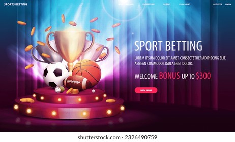 Sport betting, welcome bonus, web banner with offer, champion cups and sport balls on red round podium with curtain on background