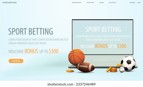 Sport betting, white web banner with interface elements, laptop and sport balls