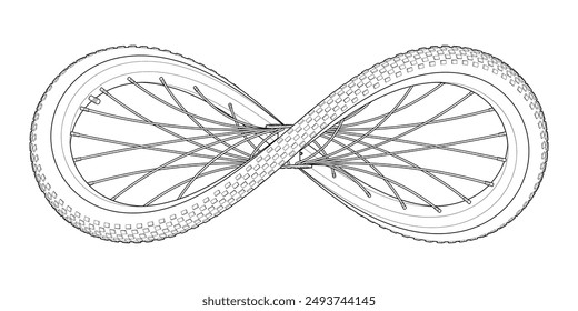 Sport bicycle wheel curved like Infinity sign. Symbol of a cycling lifestyle with editable outlines. Vector illustration isolated on white background..