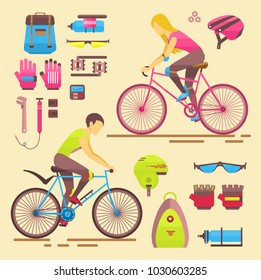 Sport bikers vector girl and boy people on bicycles activity fun woman and man on bicycles. Urban female biking sport and biker elements riders sportsman lifestyle cycling sport