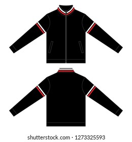 Sport Black Jacket With Double White-Red Lines Design Vector.Front And Back View.