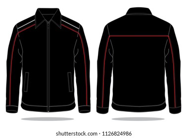 Sport Black Jacket With Red-White Lines Piping Design Vector.Front and Back View.