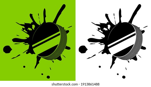 sport black rubber puck for ice hockey hit the wall with splashes. Hockey equipment. Isolated vector
