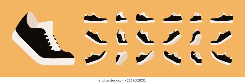 Sport black shoes set, walking, racer running trainer, active game sneakers practice, performance. Athletic gym footwear, accessory. Health, wellness, physical education fitness cartoon illustration