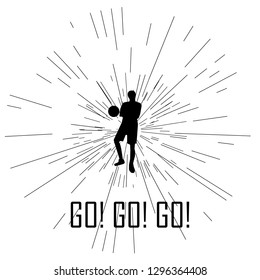 sport. black silhouette of football player with ball in his hands on white background.winner happy person in light beams with text go go go. vector illustration. Champions, winners, competition, games