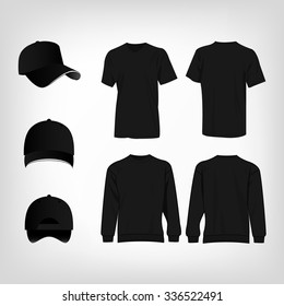 Sport black t-shirt, sweater and baseball cap isolated set vector