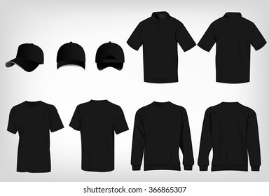 Sport black t-shirt, sweater, polo shirt and baseball cap isolated set vector