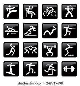 Sport black web icons buttons. Set of black web icons, buttons with sport and fitness activities. Vector illustration. 