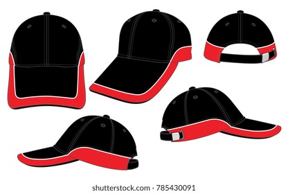 Sport Black-Red Baseball Cap With White Piping, Adjustable Metal Buckle Closure Design on White Background, Vector File.