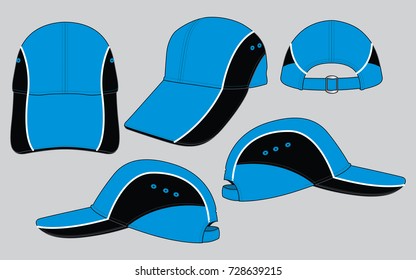 Sport Blue-Black Baseball Cap With White Line Piping, Adjustable Strap Back With Lock Slide Buckle Design On Gray Background
