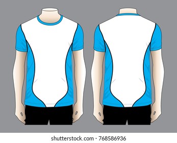 Sport Blue-White Short Sleeve T-shirt With Black Piping Design Vector.Front and Back View.