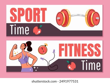 Sport bodybuilding fitness gym banner poster cards concept. Vector flat graphic design element illustration