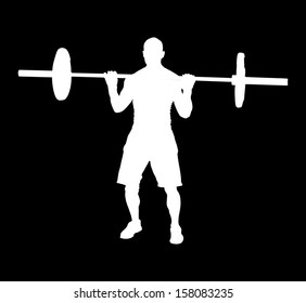 Sport bodybuilding. Strong man with barbell flexing muscles and making shoulder press squat in gym vector silhouette. Weightlifter, bodybuilder training. Personal trainer workout. Fit boy exercise.