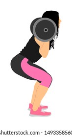 Sport bodybuilding. Young woman with barbell flexing muscles and making shoulder press squat in gym vector illustration. Weightlifter, bodybuilder training. Personal trainer workout. Fit lady exercise