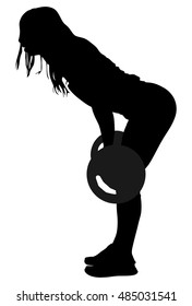 Sport bodybuilding. Young woman with barbell flexing muscles and making shoulder press squat in gym vector silhouette. Weightlifter, bodybuilder training. Personal trainer workout. Fit lady exercise.