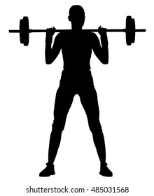 Sport bodybuilding. Young woman with barbell flexing muscles and making shoulder press squat in gym vector silhouette. Weightlifter, bodybuilder training. Personal trainer workout. Fit lady exercise.